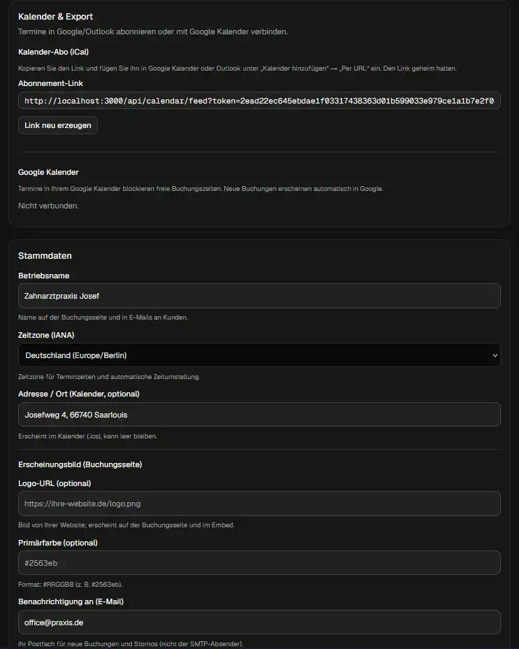 Kalender-Synchronisation via iCal und Google Kalender sowie Branding-Einstellungen für eigene Unternehmensdaten
