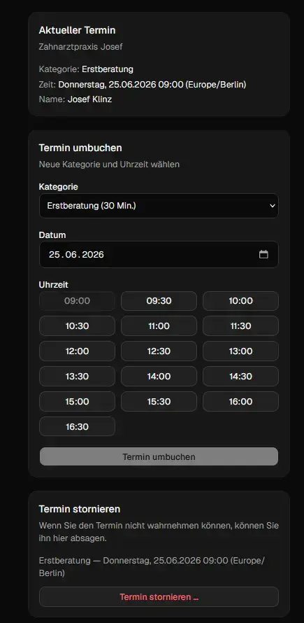 Administrationsbereich im Buchungskalender, um Kundentermine einfach umzubuchen oder zu stornieren