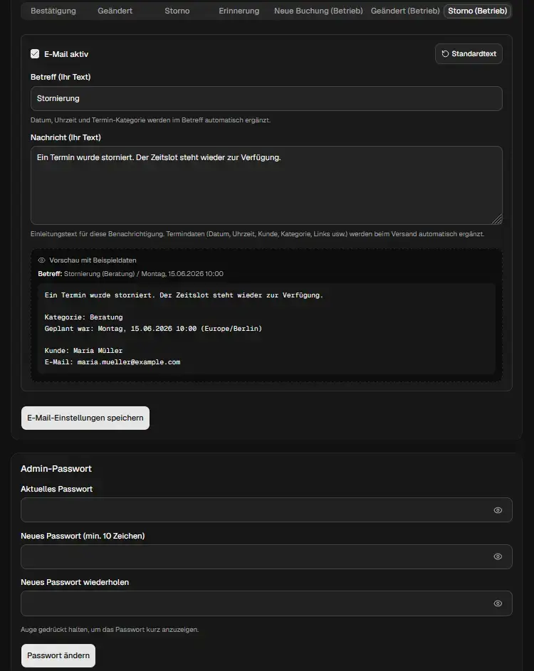 Einstellungen für automatisierte E-Mail-Benachrichtigungen und Textvorlagen bei Termin-Stornierungen im Buchungssystem