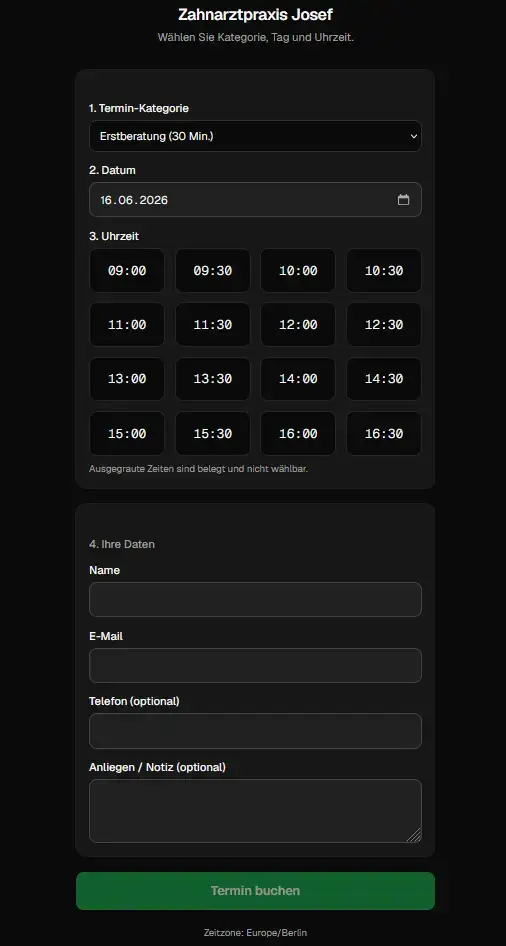 Mobile-optimierte Kunden-Buchungsseite mit Datumsauswahl, Uhrzeiten und Kontaktformular für das Buchungstool