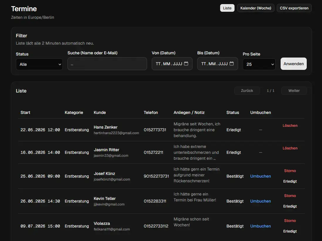 Dashboard und Terminübersicht eines Online-Buchungssystems mit Filterfunktion und Kundenverwaltung