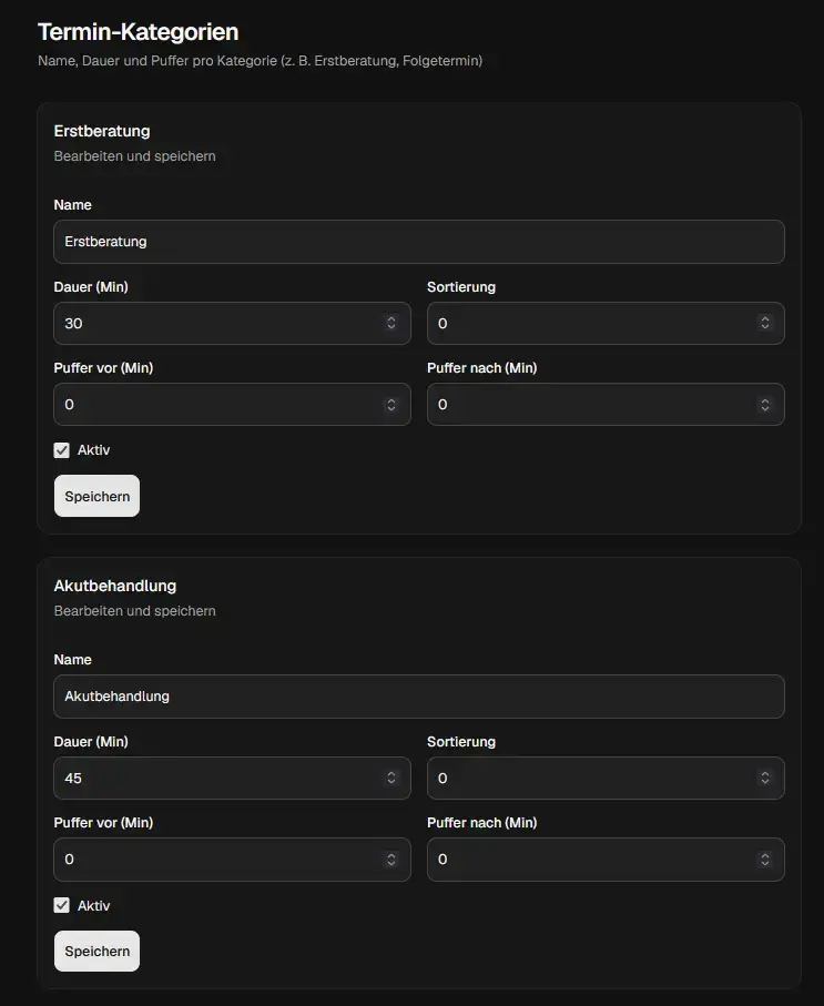 Individuelle Anpassung von Termin-Kategorien, Behandlungsdauer und Pufferzeiten im Online-Kalender