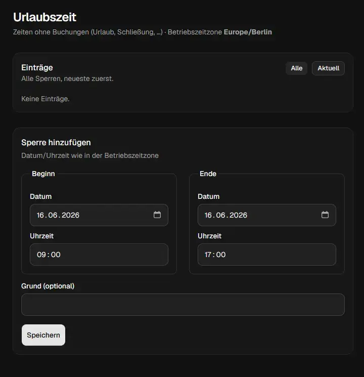 Backend einer Terminsoftware zum Einstellen von Urlaubszeiten, Schließzeiten und Sperrzeiten im Kalender