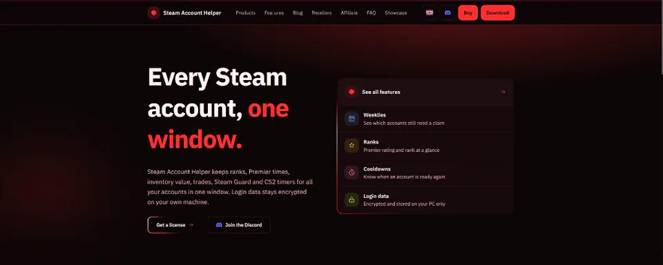 Hero der Website sah-app.com: Steam Account Helper Marketing und Shop Seite