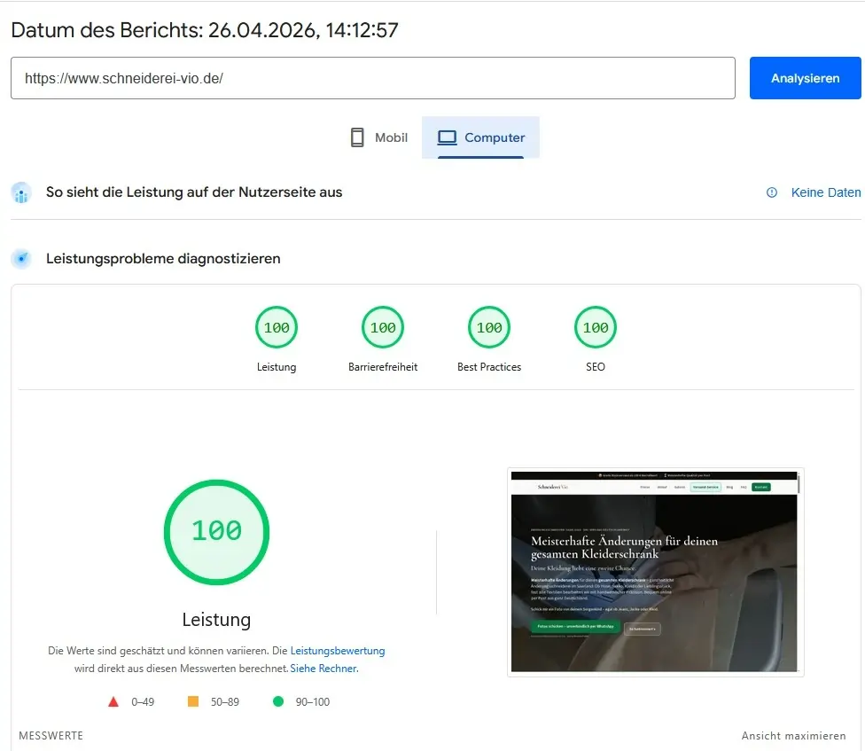 PageSpeed Insights Desktop: Performance und SEO je 100 von 100 für schneiderei-vio.de, Schneiderei Vio Saarlouis, Stand April 2026