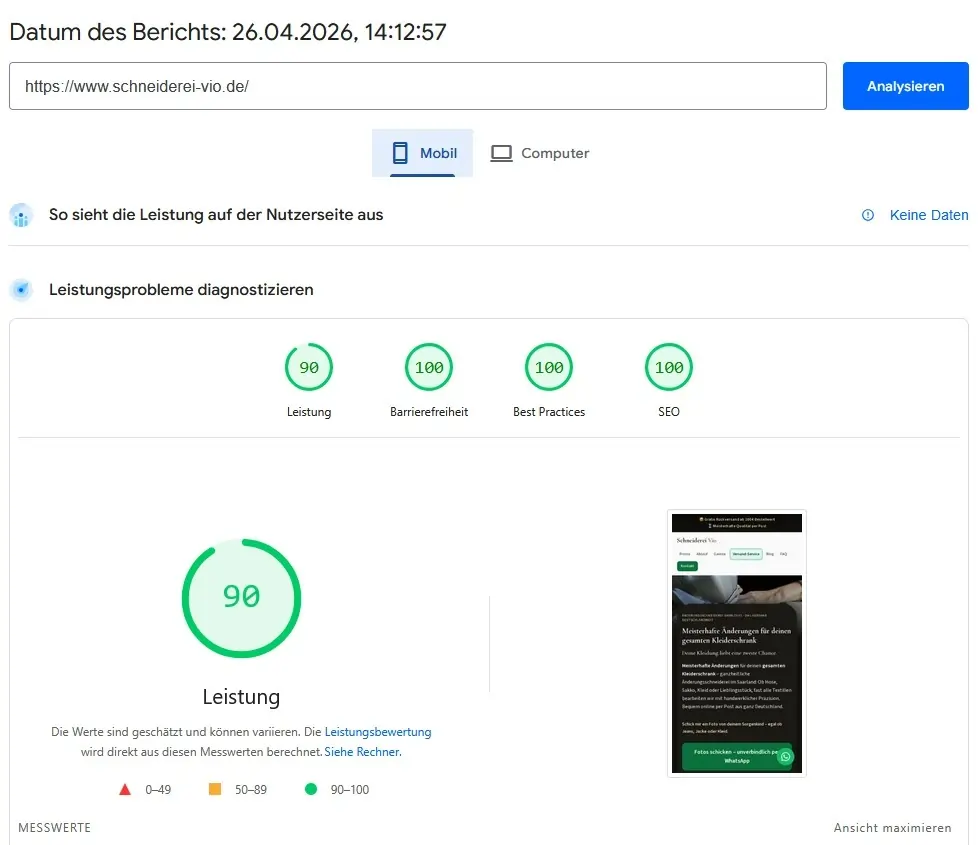 PageSpeed Insights Mobile: Performance 90 von 100 für schneiderei-vio.de, Schneiderei Vio Saarlouis, Stand April 2026 (weitere Kategorien siehe Screenshot)