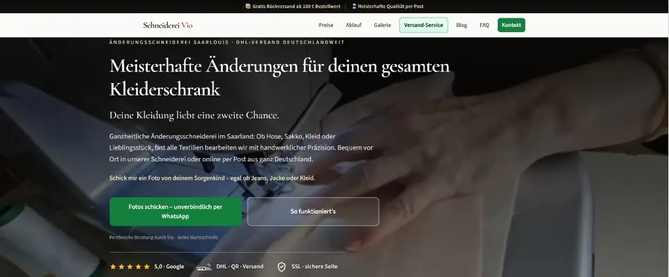 Website Schneiderei Vio Saarlouis: Startseite Änderungsschneiderei mit WhatsApp-Kontakt und DHL-Versand